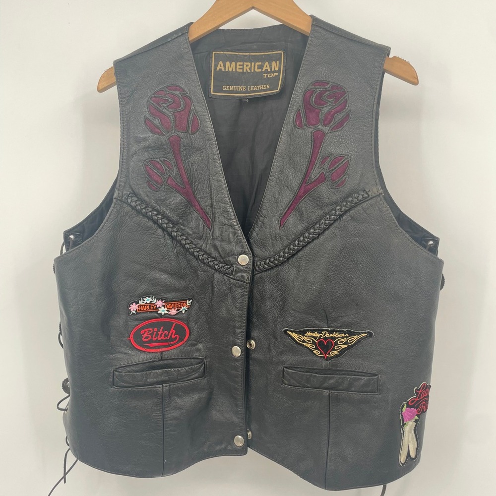 American Top Leather Biker Vest Black Purple Rose Inlay Harley Davidson Patches